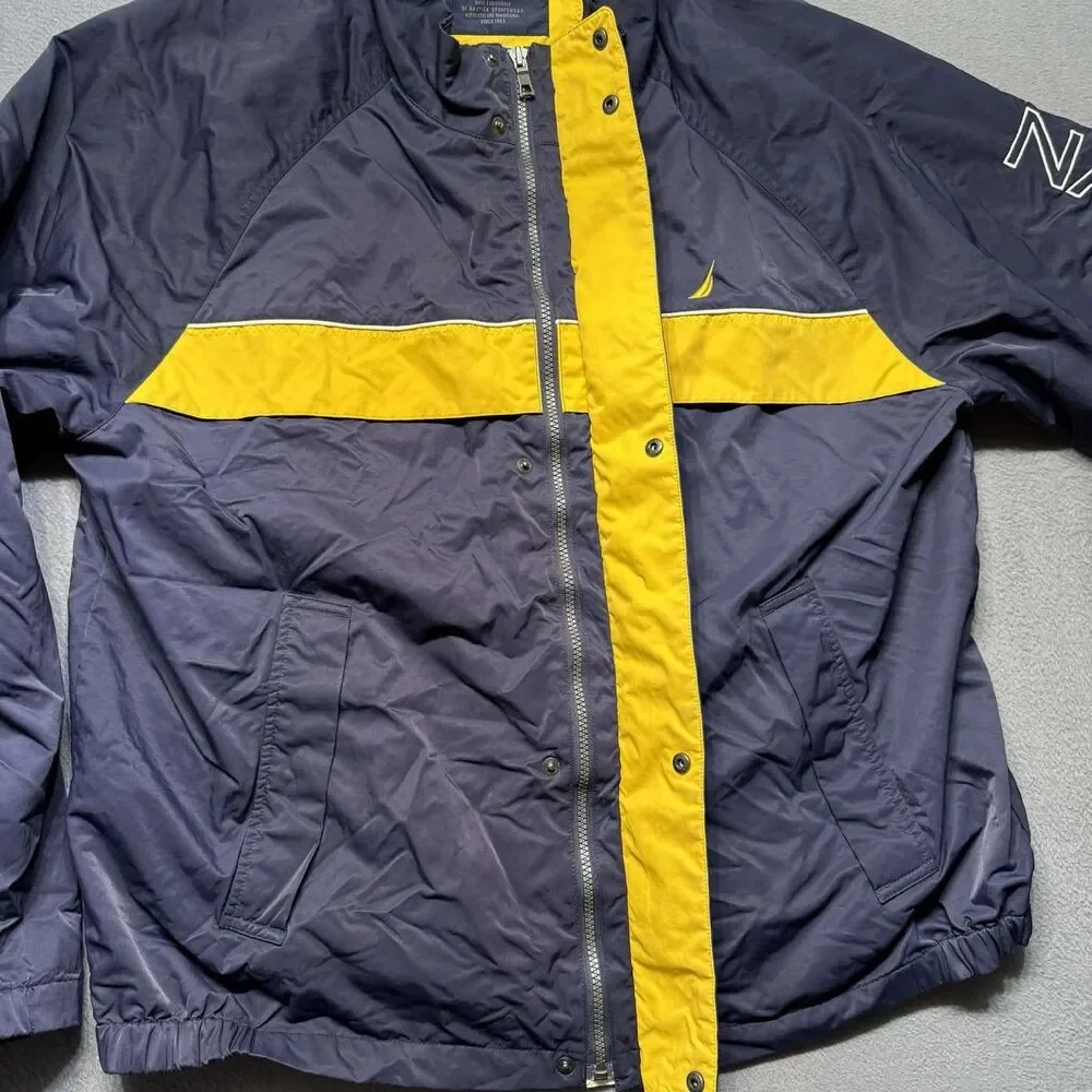 Nautica Mens XXL Windbreaker Jacket Blue Yellow Large Spellout Lightweight GUC